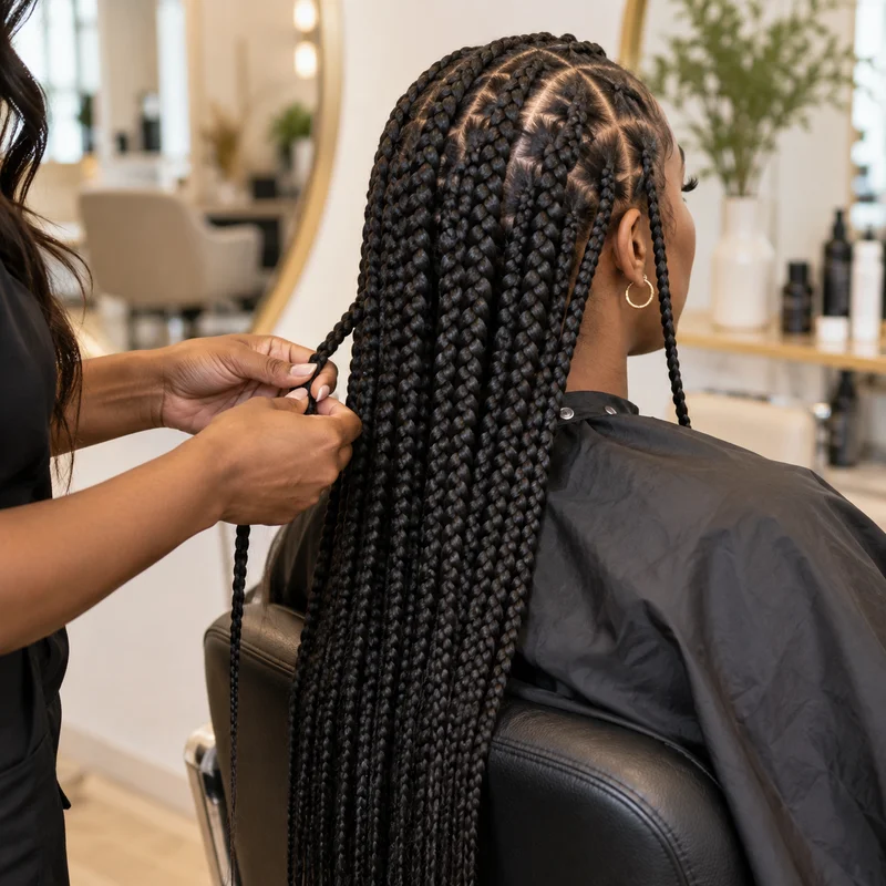 A stylist finishing neatly braided hair