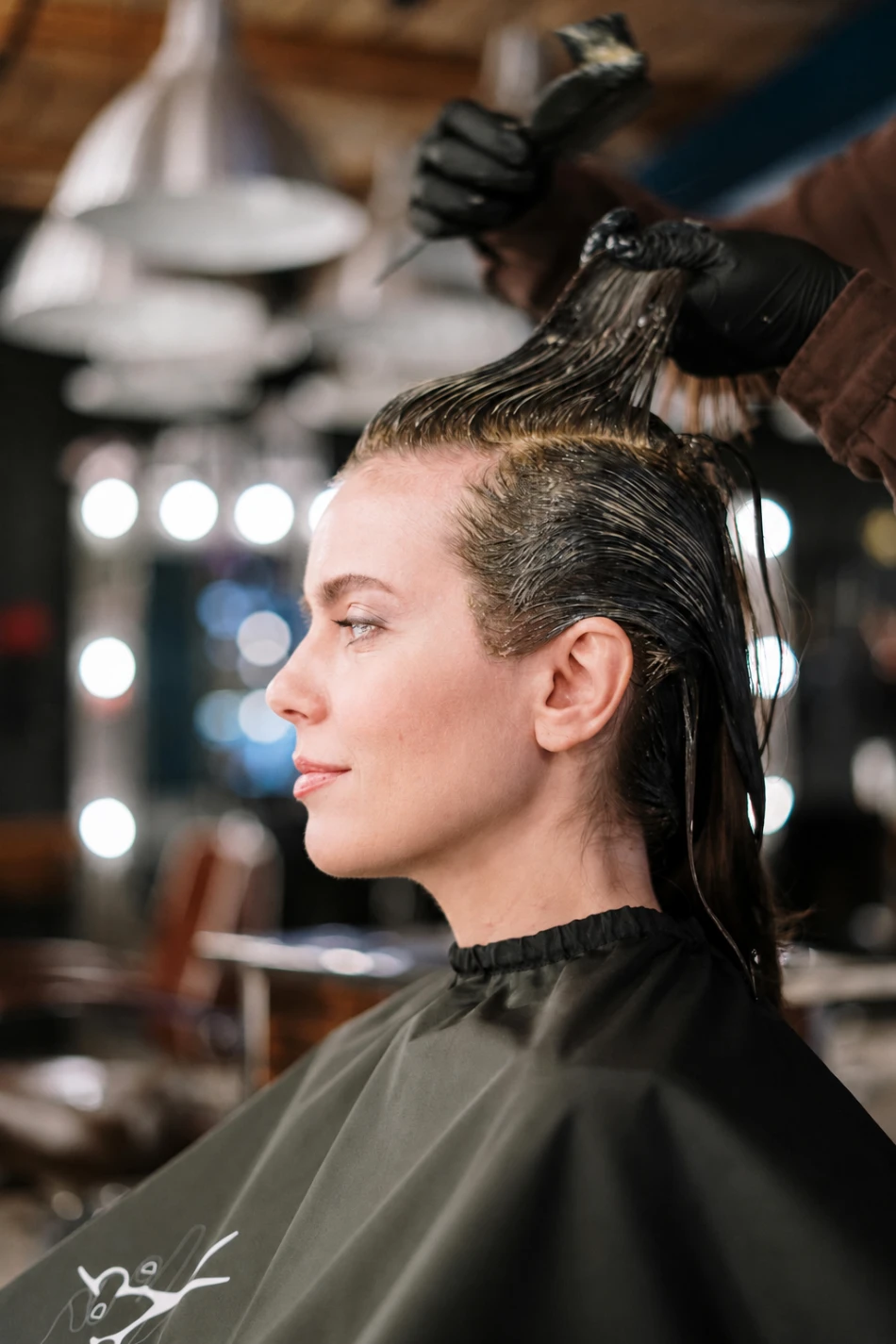 A smiling salon guest receiving a professional hair color service